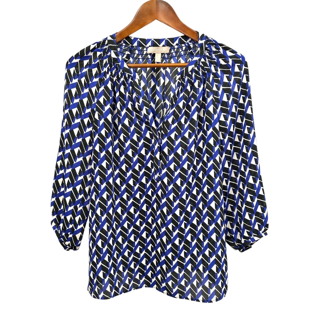 Banana Republic Banded Collar Blouse Geometric Pattern 3/4 Sleeves Women's XS